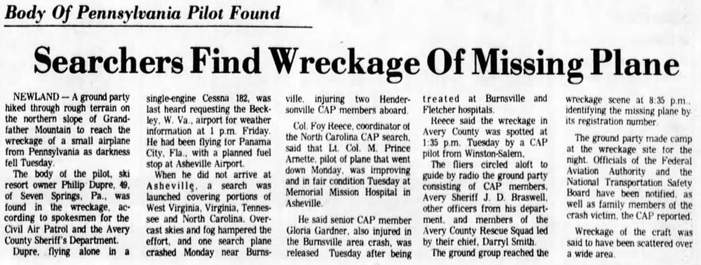 Calloway Peak plane crash newspaper article