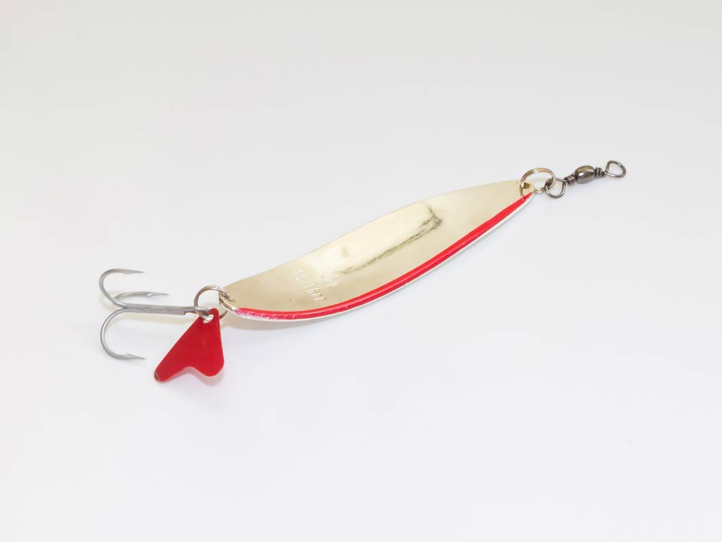 An image of spoon lure with hook attached to white and red body