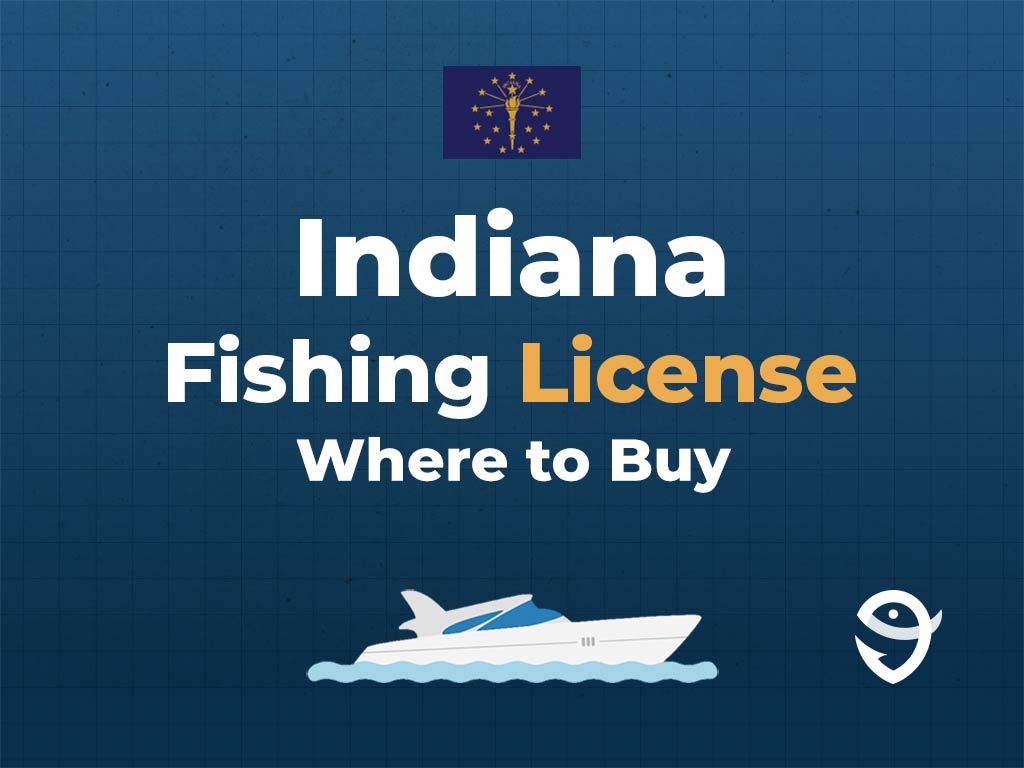 Can infographic featuring the Indiana state flag above a text that says "Indiana fishing license, where to buy" and with an illustration of a boat underneath