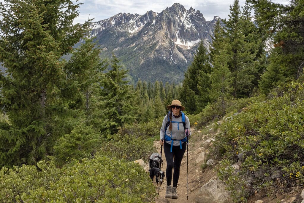 Woman hiking on forested trail with snowy peak behind her