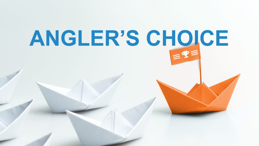 An infographic featuring a number of white paper boats and one orange one featuring a flag with a trophy on it, along with text that says Angler's Choice