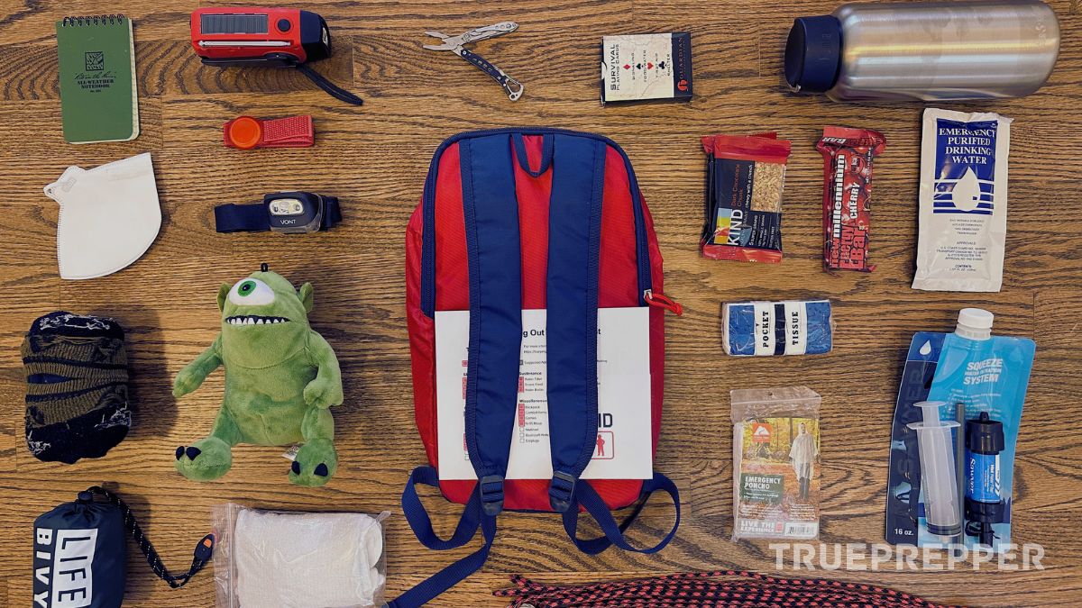 Contents from a kids' bug out bag displayed neatly spaced apart on the floor.