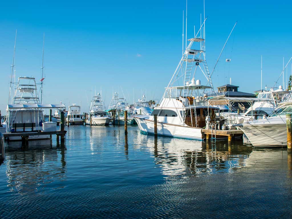 A view of docked boats in Port Aransas, with calm coastal waters and clear skies.