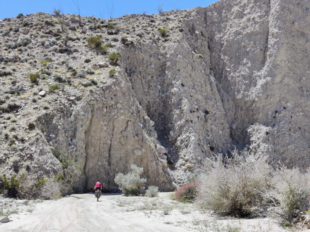 Bikepacker rides beside tall canyon walls in sandy Fish Creek Wash