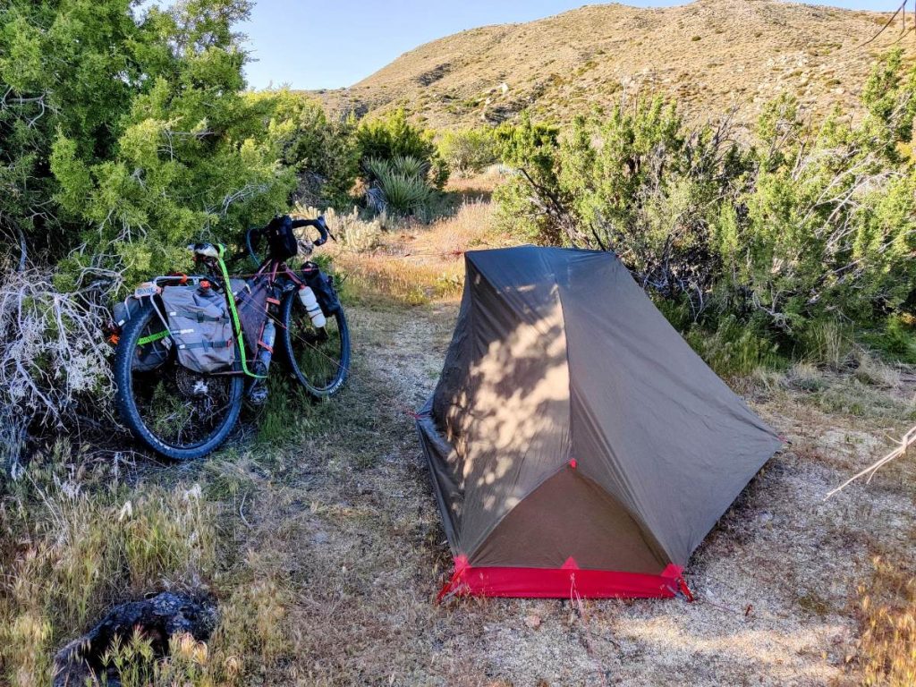 MSR Hubba Hubba bikepack tent pitched next to juniper bush with bike nearby