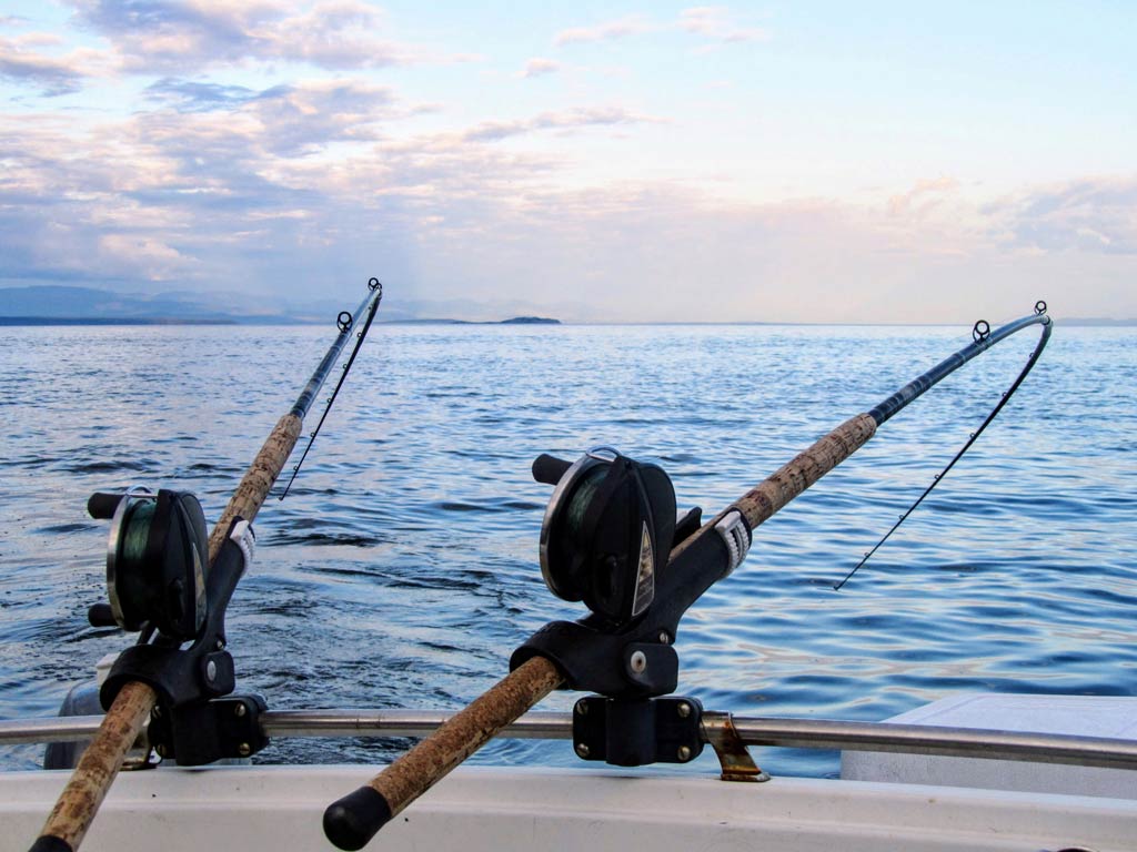 A photo of two fishing rods attached to a charter boat while drift fishing slowly and moving the lines in the current’s direction