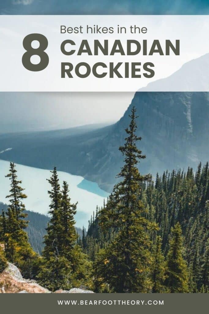 Pinterest image of beautiful view out over lake and mountains. Text says "8 best hikes in the Canadian Rockies"