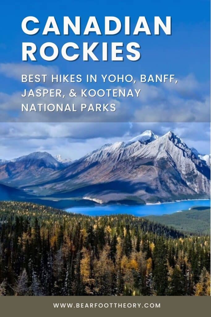 Pinterest image of landscape view out over Canadian Rockies lake and mountains. Text says "Canadian Rockies: best hikes in Yoho, Banff, Jasper, and Kootenay National Parks'