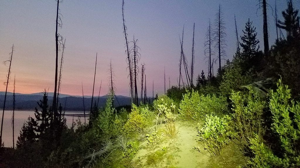Pink sunrise over forest and lake with bike light illuminating the trail