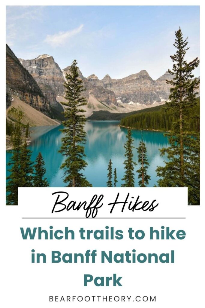 Pinterest image of emerald green lake. Text says "Banff hikes: Which trails to hike in Banff National Park"