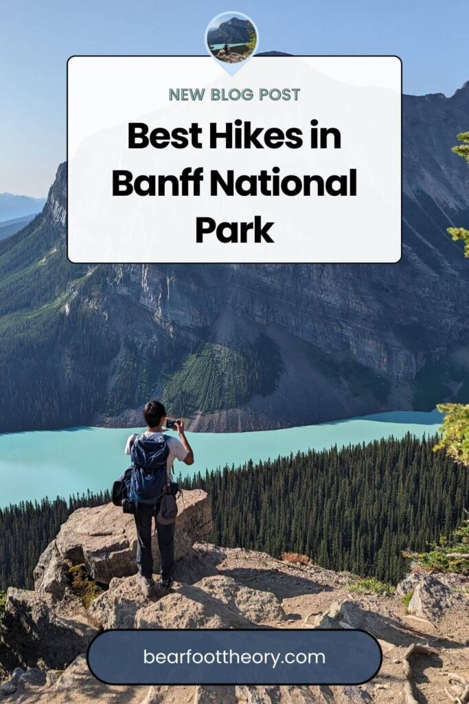 Pinterest image of hiker standing at scenic overlook of turquoise blue lake. Text says "Best hikes in Banff National Park"