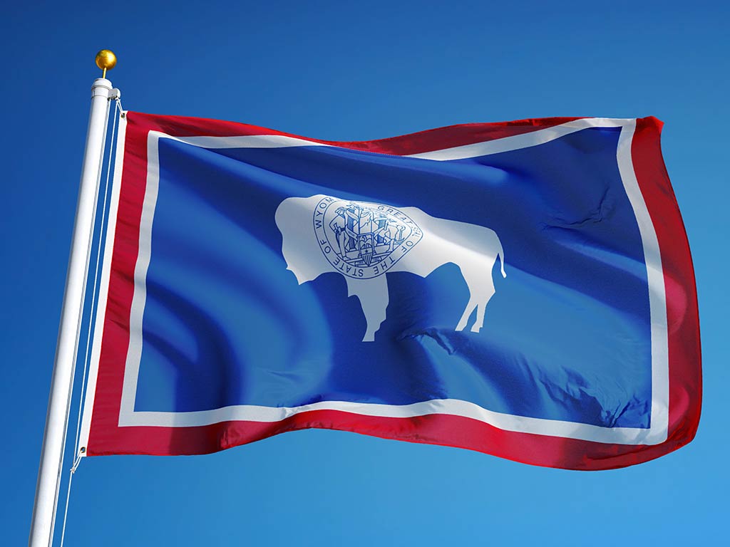 The flag of Wyoming flying from a flagpole against a background of a clear blue sky