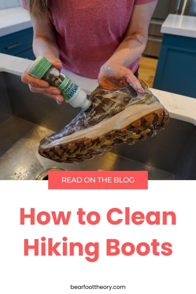 woman cleaning hiking boots in kitchen sink with nikwax footwear cleaning gel with text "How to Clean Hiking Boots"