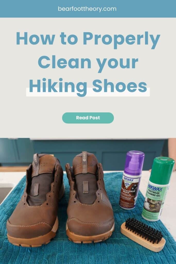 pair of cleaned wet hiking boots without the laces. Nikwax footwear cleaning gel and waterproofing spray are next to the shoes with text "how to properly clean your hiking shoes"
