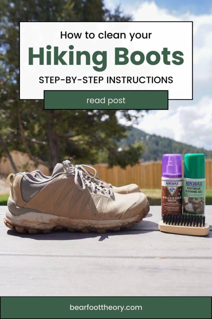 Pair of Hiking boots on a deck next to nikwax footwear cleaning gel with text "How to Clean your Hiking Boots - step by step instructions"