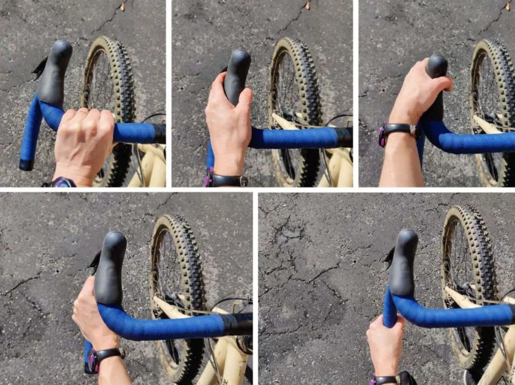 Five pictures of hand on drop handlebar, showing all the different positions.