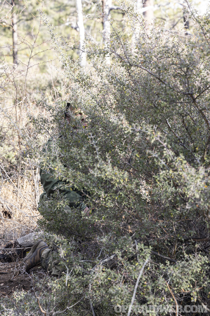 Observed from the side, as seen in the first image of this article, the author is clearly visible. But from the perspective of his target, he disappears into the surrounding foliage.