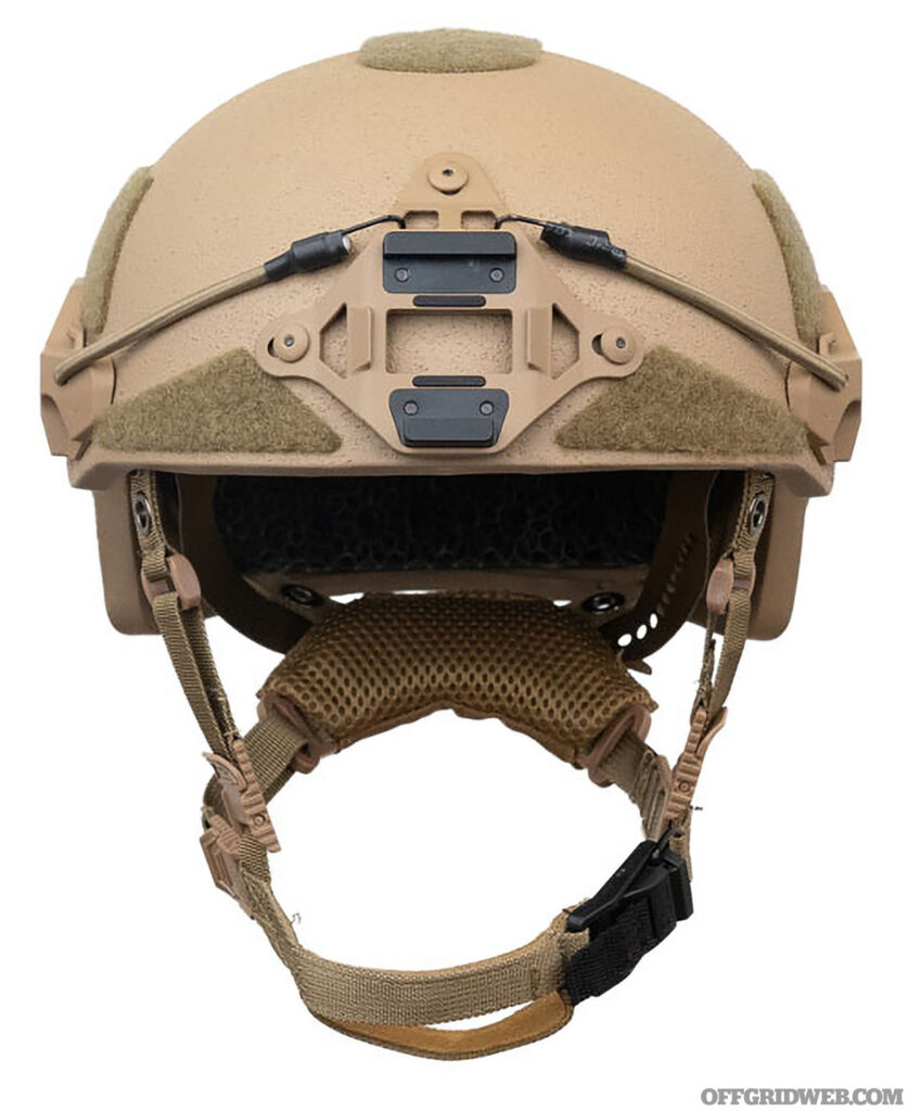 Studio photo of the front of a helmet. 