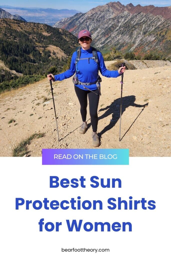 Kristen Bor hiking at the top of Snowbird ski area in summer with the text "best sun protection shirts for women"