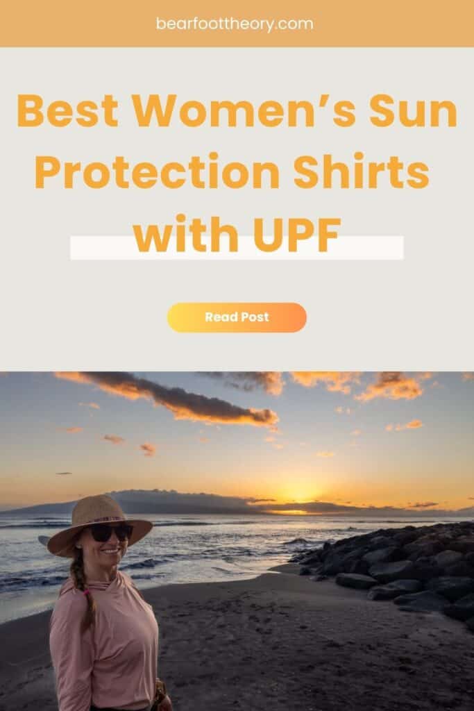Kristen Bor standing on the beach in Maui with the text "best women's sun protection shirts with UPF"