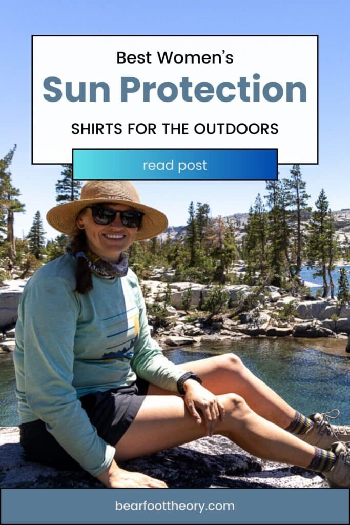 Kristen Bor sitting by a lake with the text "Best Women's Sun Protection shirts for the outdoors"