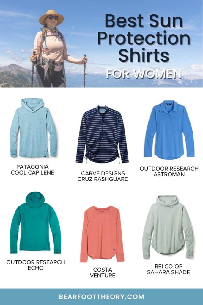 Bearfoot Theory | Check out the best sun protection shits for women to keep your skin safe from the sun. These long sleeve tops are great for hiking and other outdoor activities when you want all day sun protection. Read more about our favorites including lightweight options for warm weather, button ups, hoodies, rash guards for water based activities, and more.