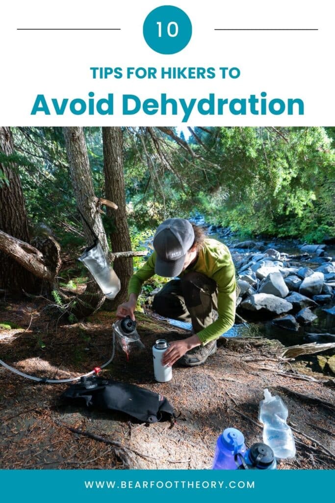 Man filtering water bottles next to a forest stream. Text reads 10 tips for hikers to avoid dehydration.