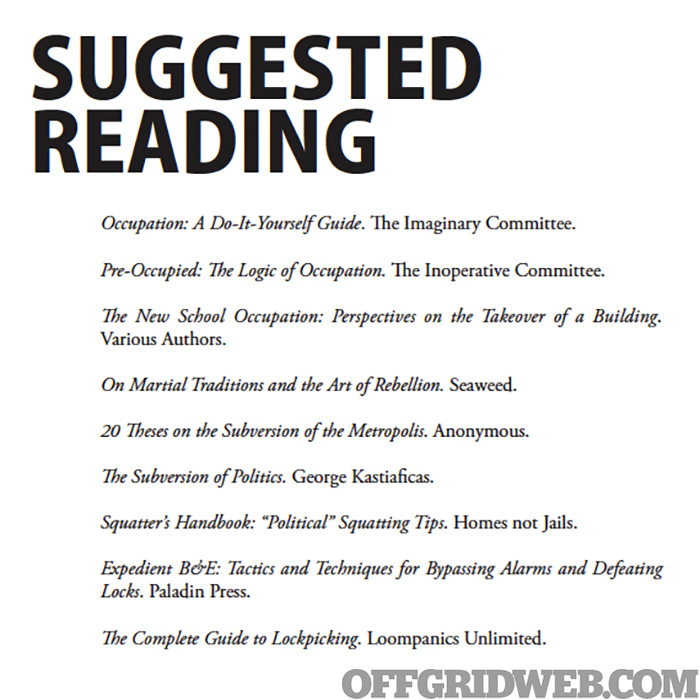 A list of suggesting reading for anarchist behavior.