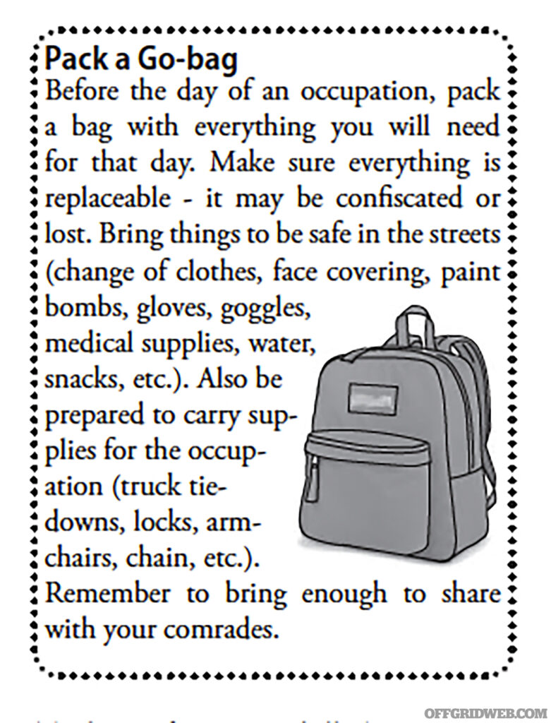 Instructions on how to pack a protest go-bag.