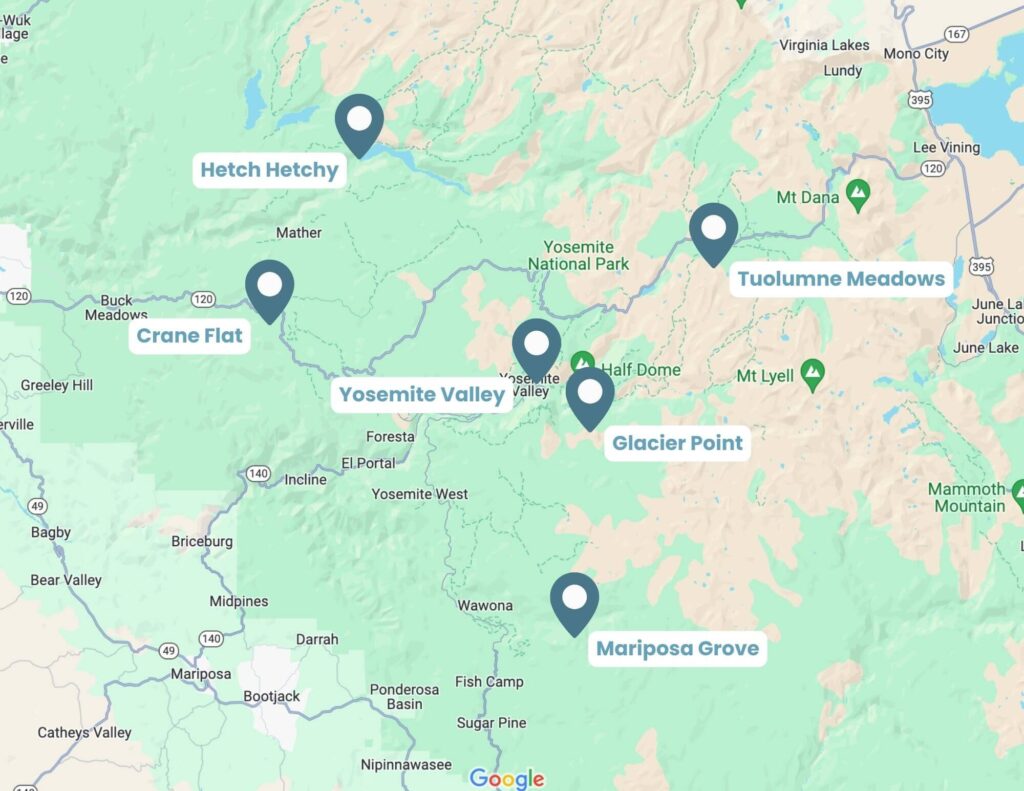 Map showing the regions of Yosemite National Park