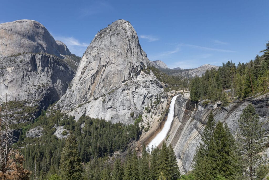 Landscape photo of Nevada Falls and large granite domes in Yosemite National Park