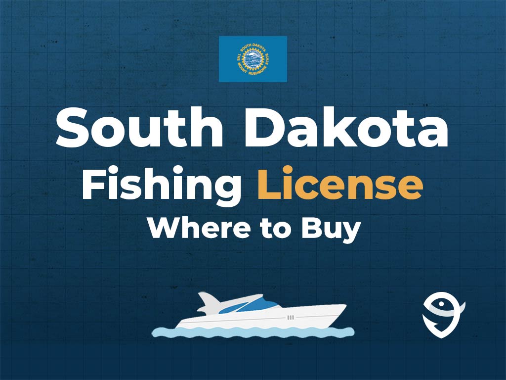 An infographic featuring the flag of South Dakota above text that says "South Dakota fishing licence, where to buy", along with an illustration of a boat underneath against a blue background