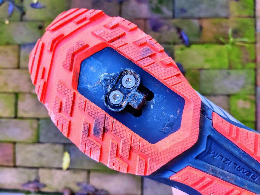 Close up of bottom of cycling shoe with a 2-bolt SPD cleat