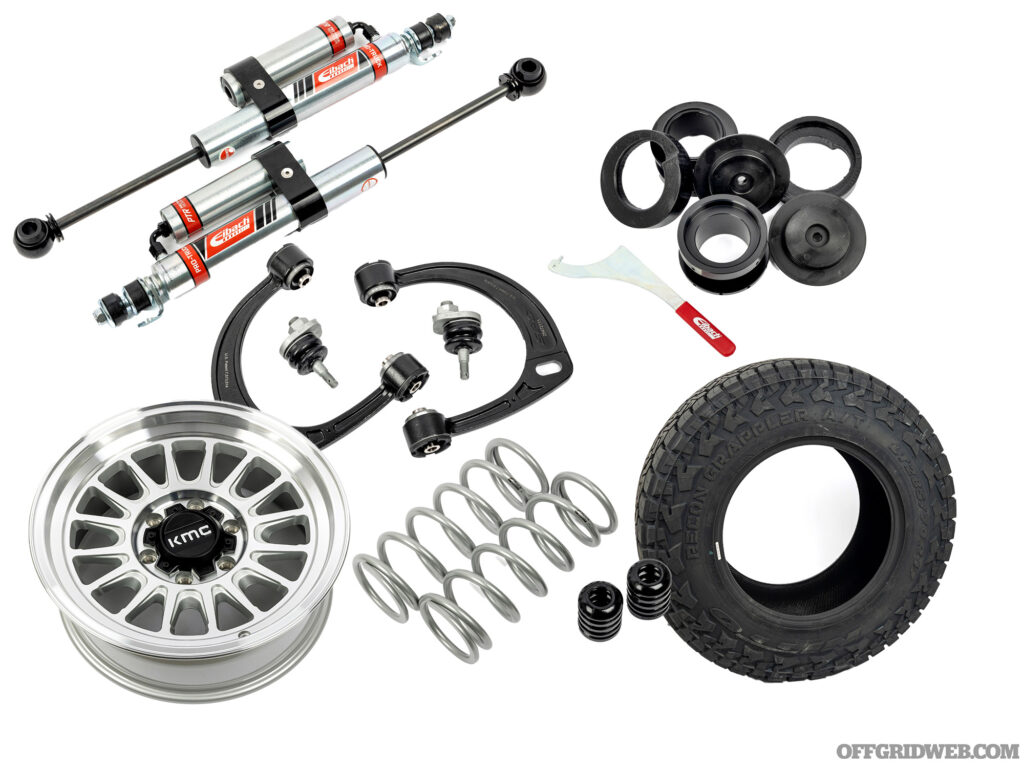 Composite studio photo of a wheels and suspension parts for an overland 4runner.