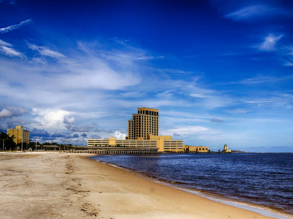 A shot of the Mississippi Gulf coast, taken from a beach with Biloxi's casinos and buildings in the background.