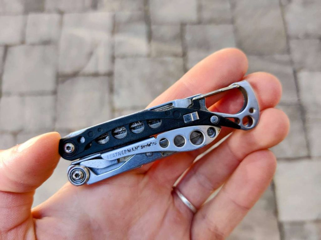 Close up of Leatherman PS in hand