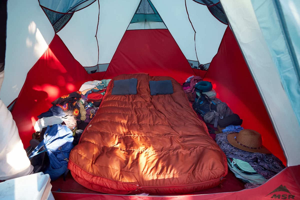 REI Double Hunker Down sleeping bag inside the MSR Habitude 4 person tent