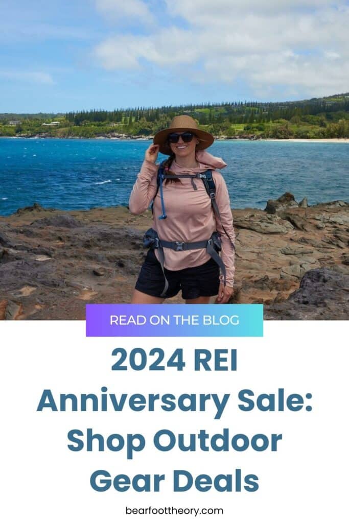 Kristen Bor standing next to a body of blue water with text that says "2024 REI Anniversary Sale: Shop Outdoor Gear Deals"
