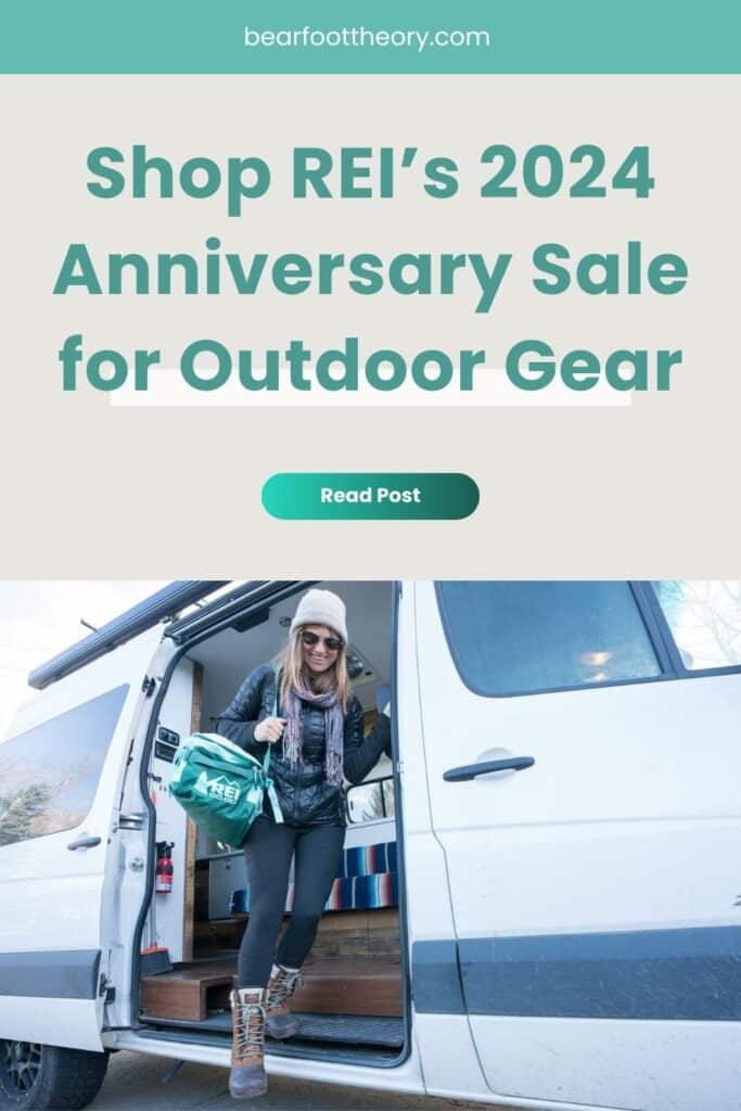 Kristen Bor stepping out of a Sprinter van with an REI duffel bag with text that says "Shop REI's 2024 Anniversary Sale for Outdoor Gear"