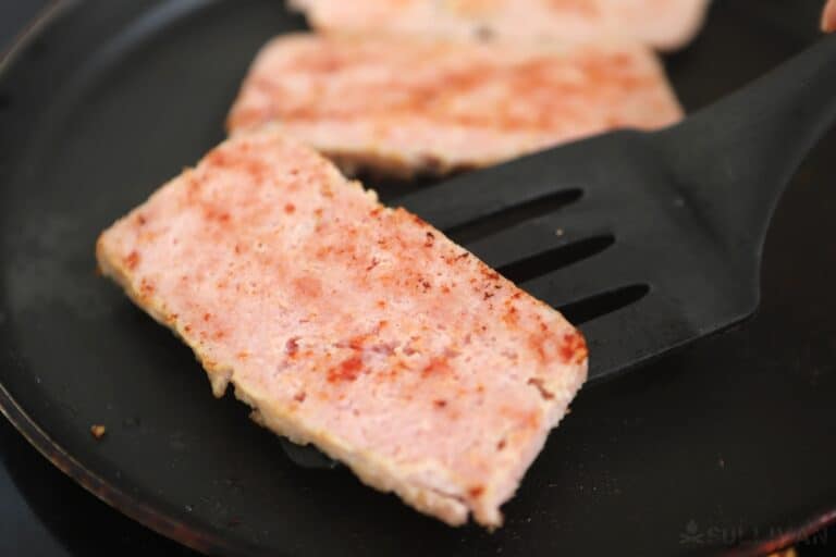 frying homemade spam in pan