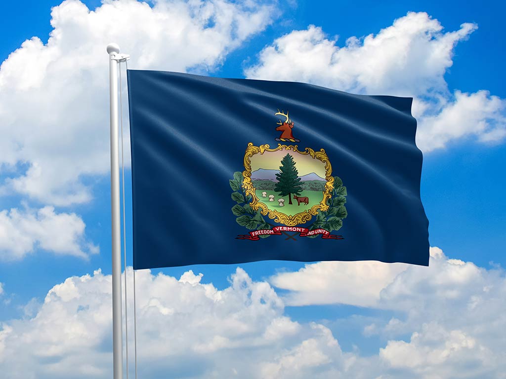 The flag of Vermont flying from a flagpole against a background of a clear blue sky