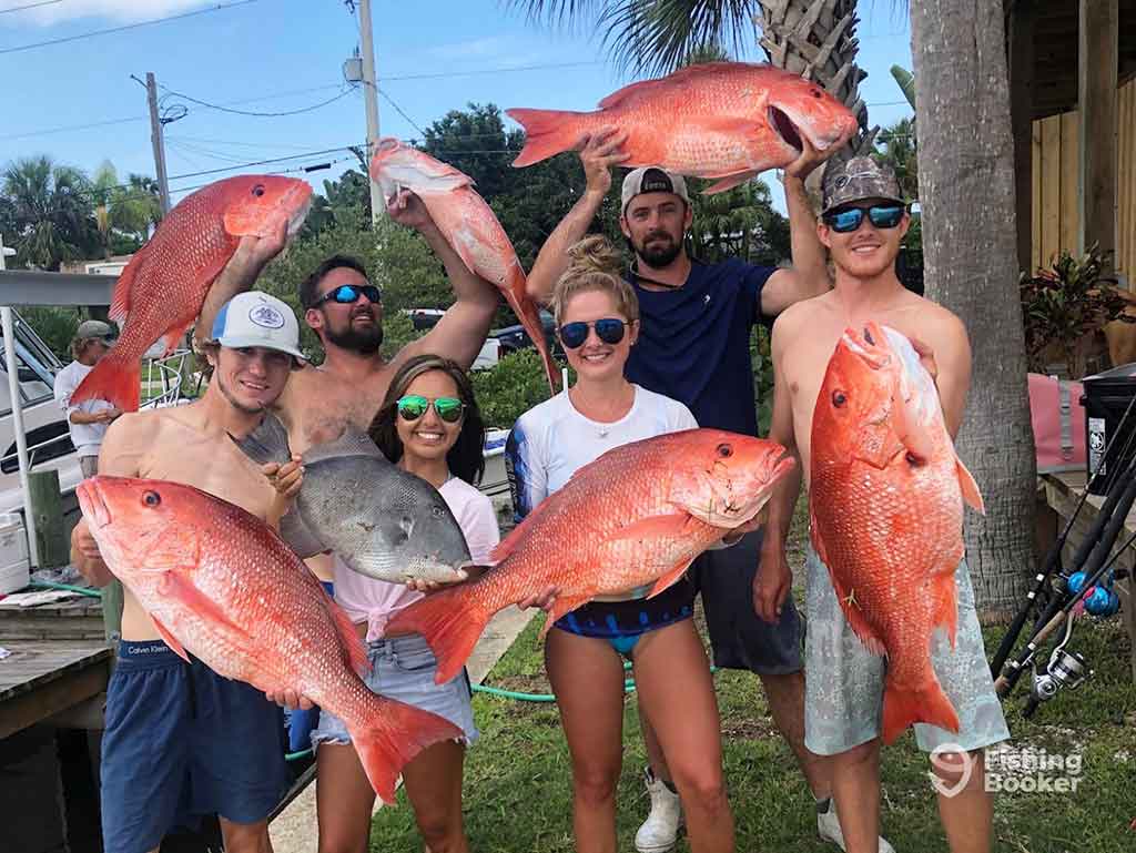 A group of anglers, both male and female, on dry land after a successful trip, each holding a large Red Snapper, with one woman holding a Triggerfish