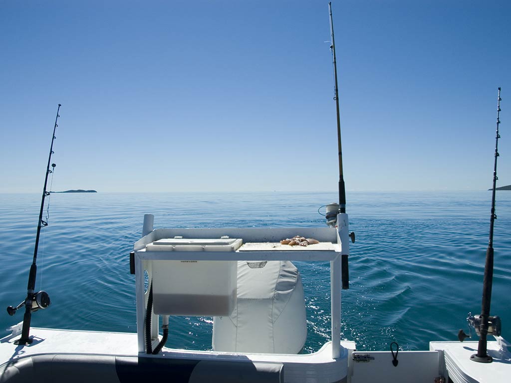 A view out of the back of a fishing charter heading towards the reefs from Airlie Beach on a clear day