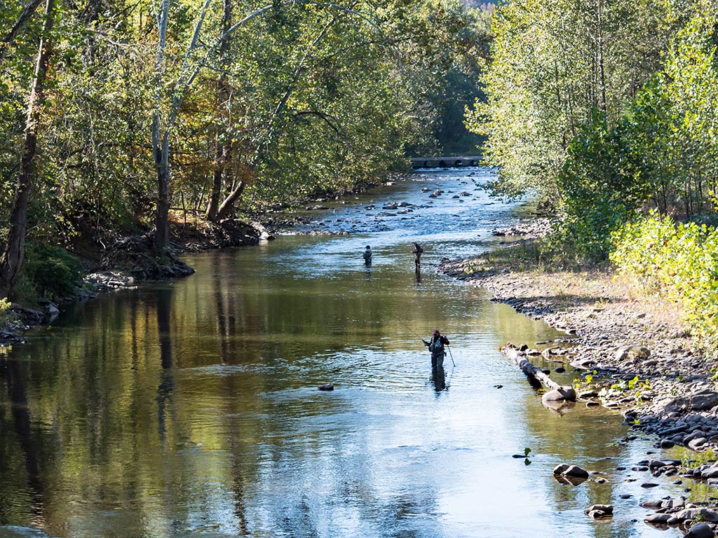 An aerial view looking down a river towards a few fly anglers in West Virginia on a clear day