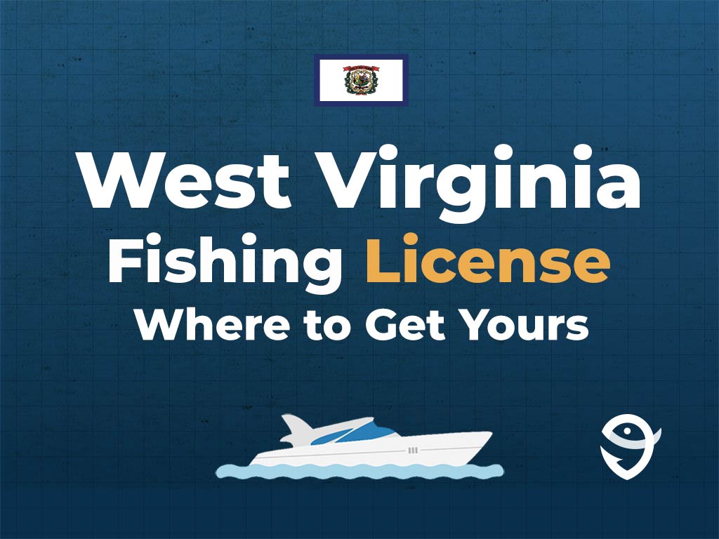 An infographic featuring the flag of West Virginia above text that says "West Virginia fishing licence, where to get yours," along with an illustration of a boat underneath against a blue background