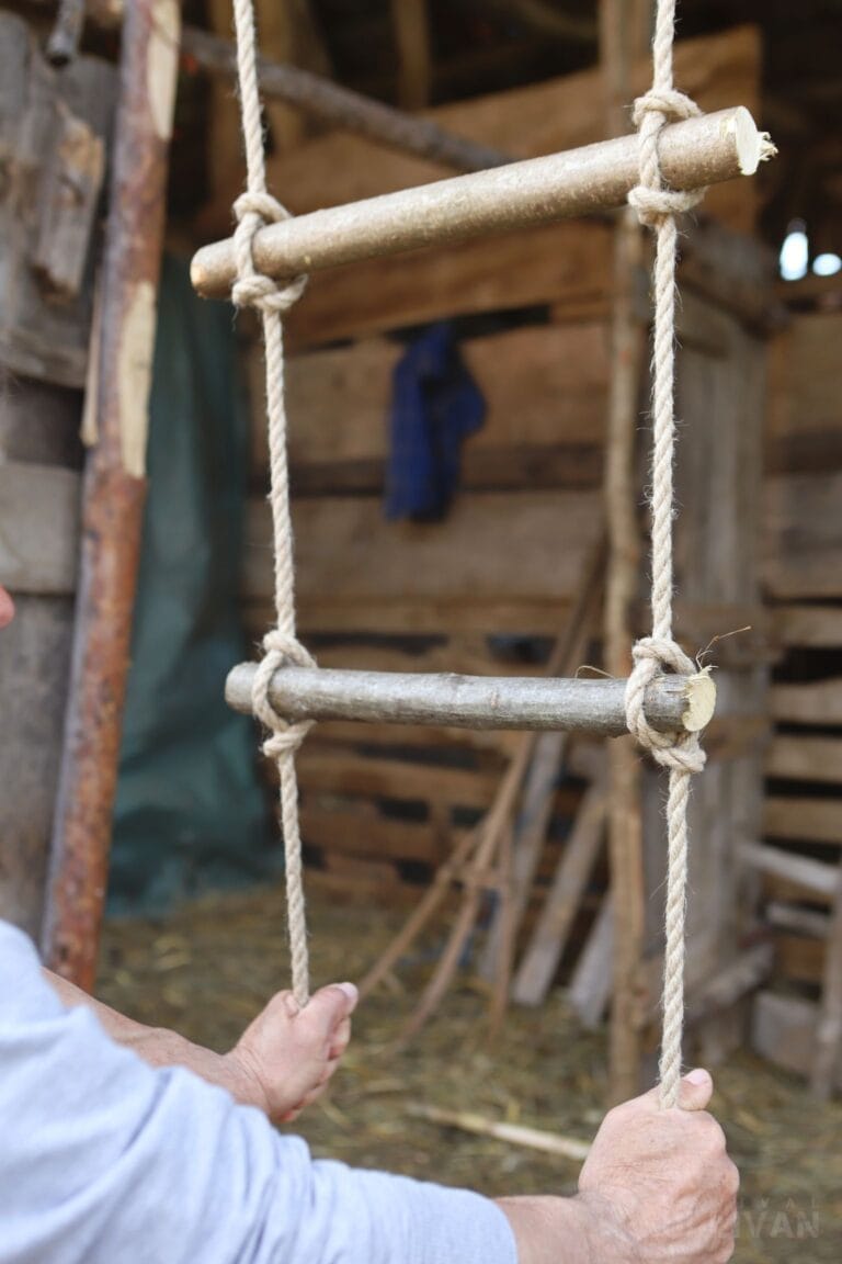 DIY rope ladder with wooden dowels