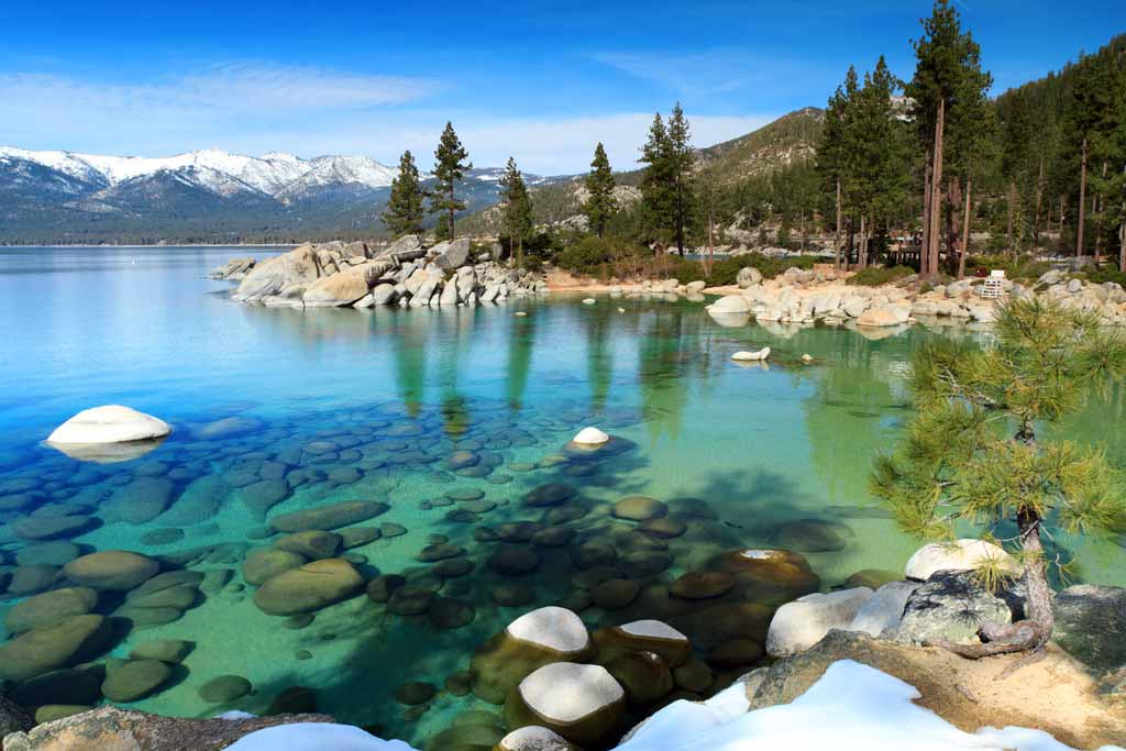 The crystal clear and blue waters of Lake Tahoe, with evergreen trees on the shore, snow-capped mountains and clear blue skies in the background.