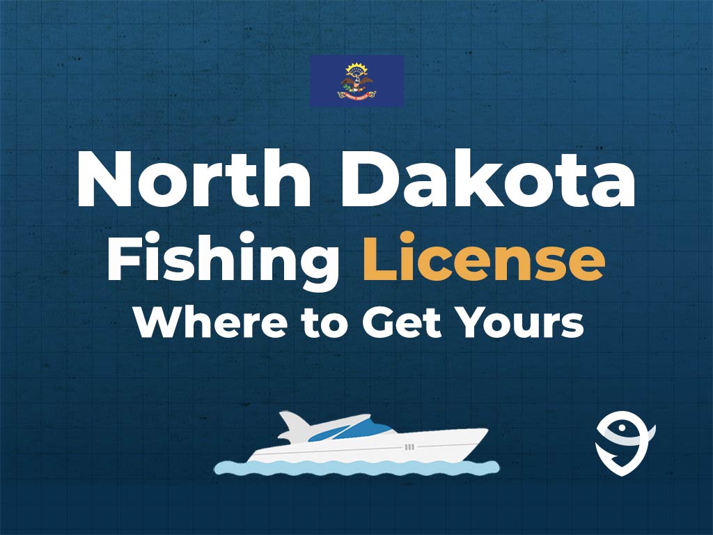 An infographic featuring the flag of North Dakota above text that says "North Dakota fishing licence, where to get yours," along with an illustration of a boat underneath against a blue background