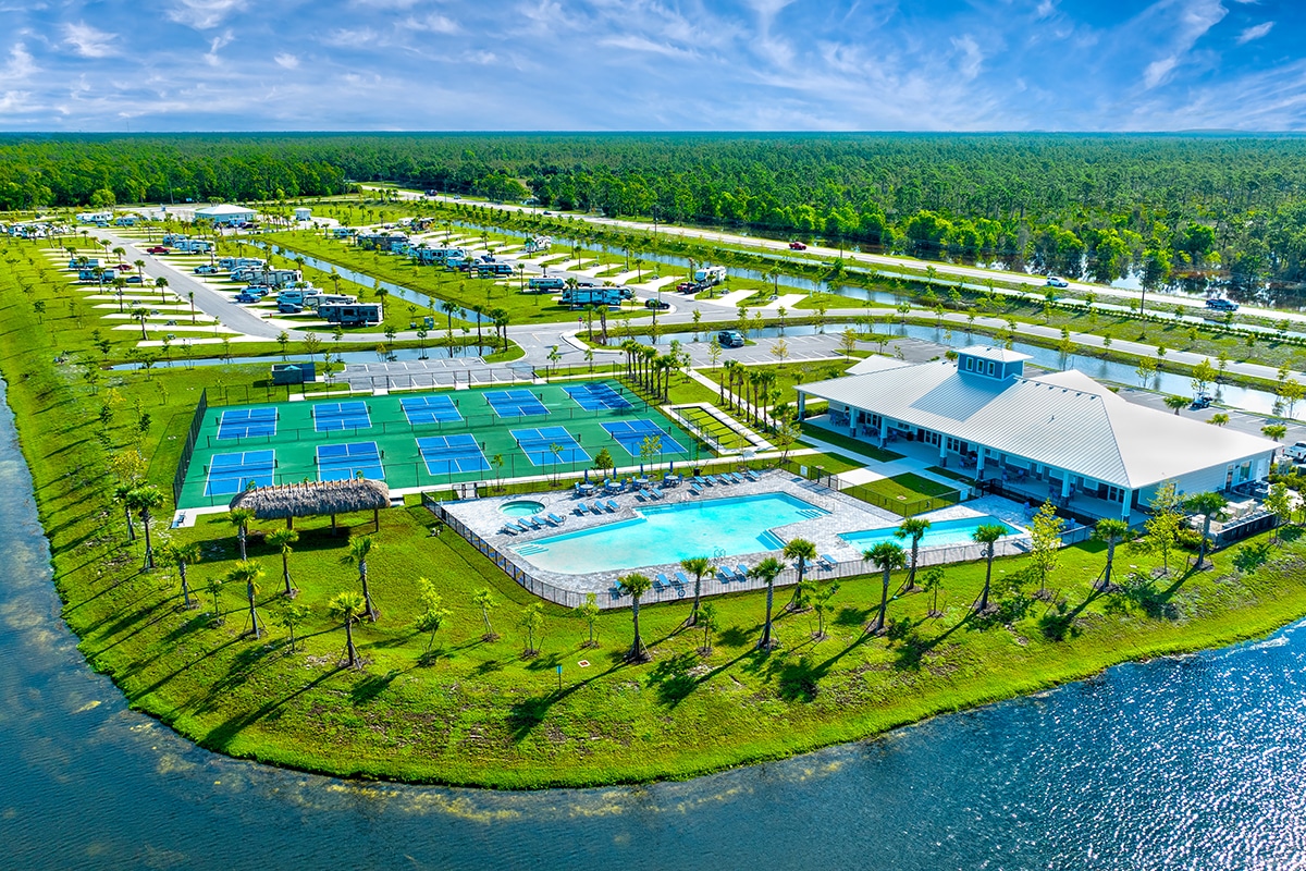 aerial view of campground showing pickleball cours